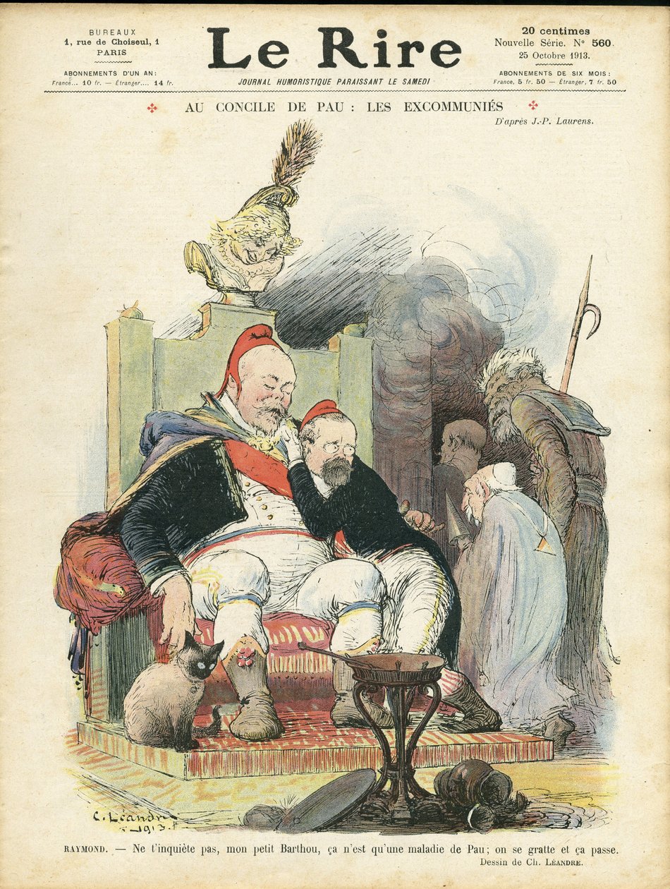 Ilustrace Charlese Leandra (1862-1934) pro obálku Le Rire, 25. 10. 13 - Na koncilu v Pau: excommunies - Náboženství Víra, Prezident republiky, Chapeau, Křeslo (symbol moci) - Combes Emile (1835-1921), Marianne, Poincare Raymond, od Charles Leandre