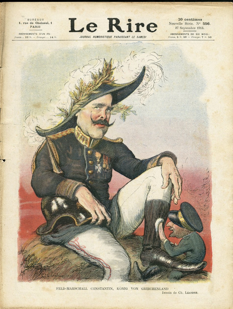 Ilustrace Charlese Leandra (1862-1934) pro obálku Le Rire, 27/09/13 - Field-Marschall Constantine - Německo Prusko, Helma s Pointe, Armee, Řecko - Ferdinand Bulharský (1816-1948), Konstantin Constantin 1. (1868-1923) - Leštění bot od Charles Leandre