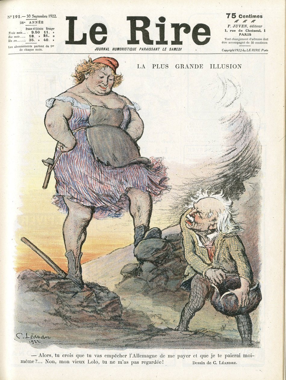 Ilustrace Charlese Leandra (1862-1934) pro obálku Le Rire, 30/09/22 - Největší iluze - Německo Prusko, Anglie Velká Británie, Reparace - Marianne, David Lloyd George (1863-1945) - Trivialita od Charles Leandre
