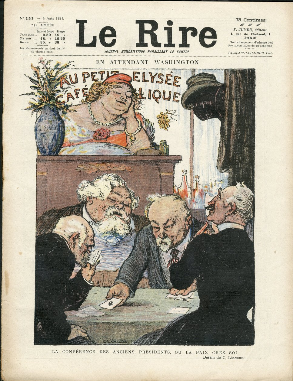 Ilustrace Charlese Leandre (1862-1934) v Le Lire, 06/08/21 - Mezitím Washington - Volby, prezident republiky - Marianne, Fallieres Armand, Poinsare Raymond, Deschanel Paul - karetní hra od Charles Leandre