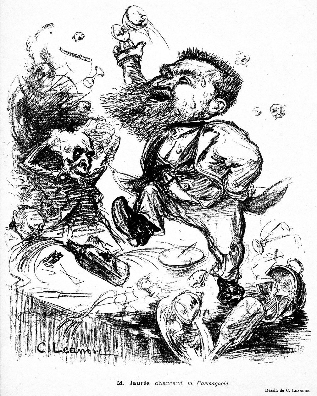 Jean Jaures tančí a zpívá Carmagnole na banketovém stole (pravděpodobně opilý) obrázek v Le Rire n°105 ze 7. listopadu od Charles Leandre