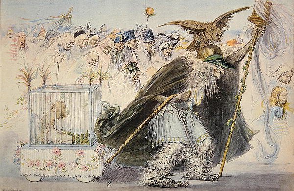 Cenzura (Madame Anastasie) táhne uvězněnou lásku, následovanou kohortou spravedlivých od Charles Leandre