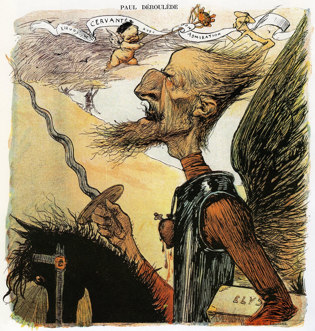 Paul Deroulede (1846-1914), francouzský spisovatel a nacionalistický aktivista, významný představitel antidreyfusismu, karikatura Charlese Leandra jako rytíře Dona Quijota: jde do boje proti větrným mlýnům, pod paží nosí kufr s nápisem „Elysee““ - Drawi od Charles Leandre