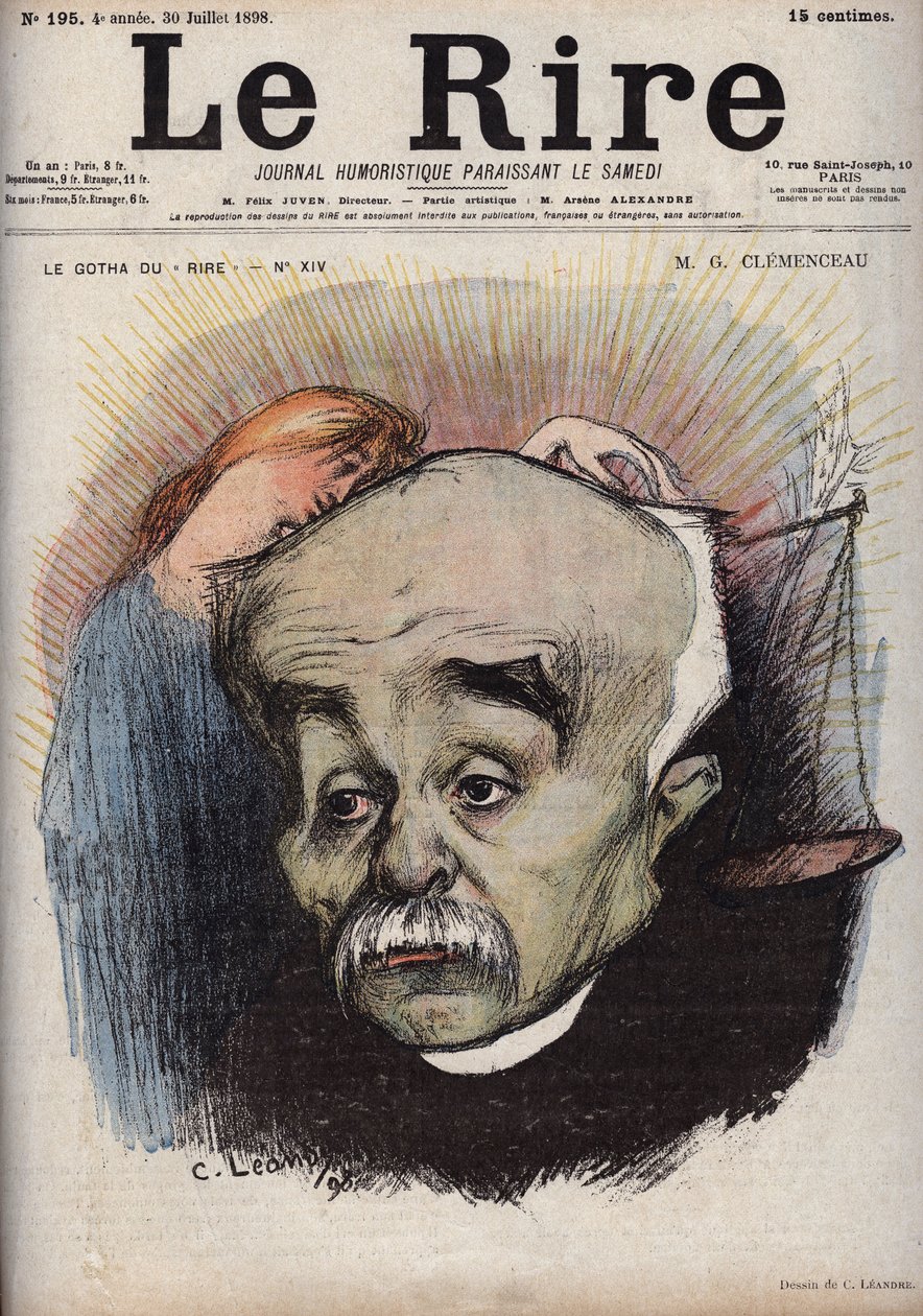 Portrét Georgese Clemenceaua (1841-1929) - bilance se týká deníku La Justice”” a jeho ředitele Cornelia Herze, který dostal peníze od Clemenceau - karikatura Charlese Leandrea (1862-1934) v “”Le Rire””” “ ze dne 30. července od Charles Leandre