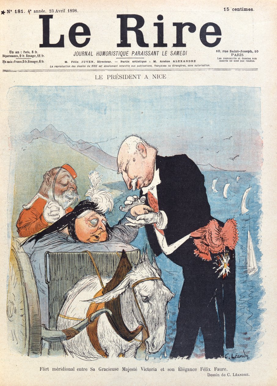 Královna Viktorie (1819-1901) flirtuje s prezidentem Felixem Faurem (1841-99) na dovolené v Nice, titulní strana časopisu 
