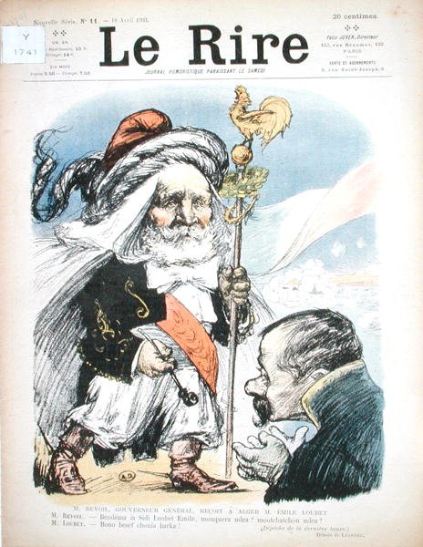 Přijetí prezidenta Emile Loubeta (1838-1929) generálním guvernérem Alžírska A.J.P. Revoil, karikatura z 