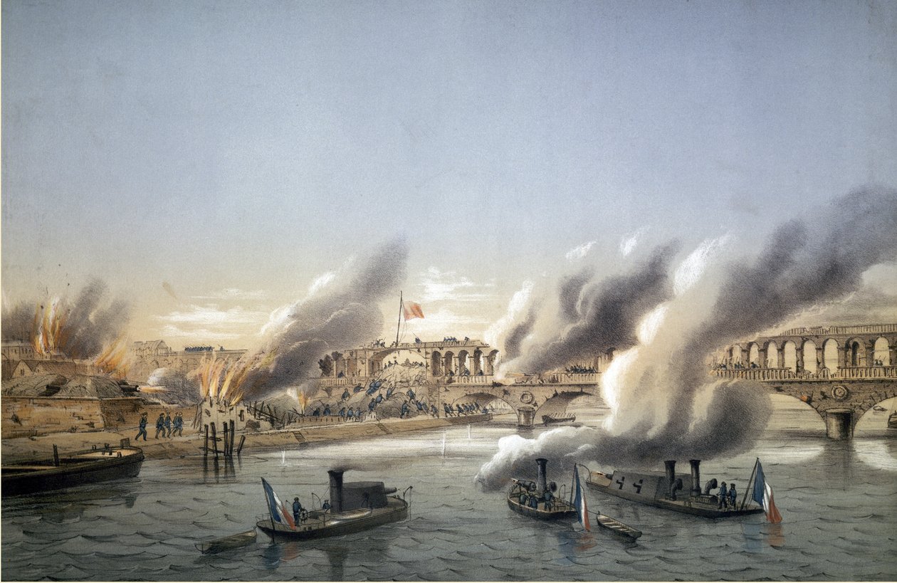 Pařížská komuna, Krvavý týden. “””” La Flotille de la Seine vynutila si vjezd Paříže na Barricade du Point du Jour dne 21. května 1871 – vyryl Charles Leduc (1831-1911) od Charles Leduc
