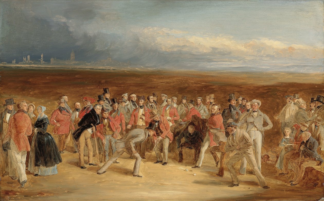 Dokončená skica pro The Golfers: A Grand Match hraná na St. Andrews Links od Sira Davida Bairda, Bt. a sir Ralph Anstruther, Bt. z Balcaskie, proti Major Playfair a John Campbell, Esq., z Glensaddell, v roce 1850 od Charles Lees