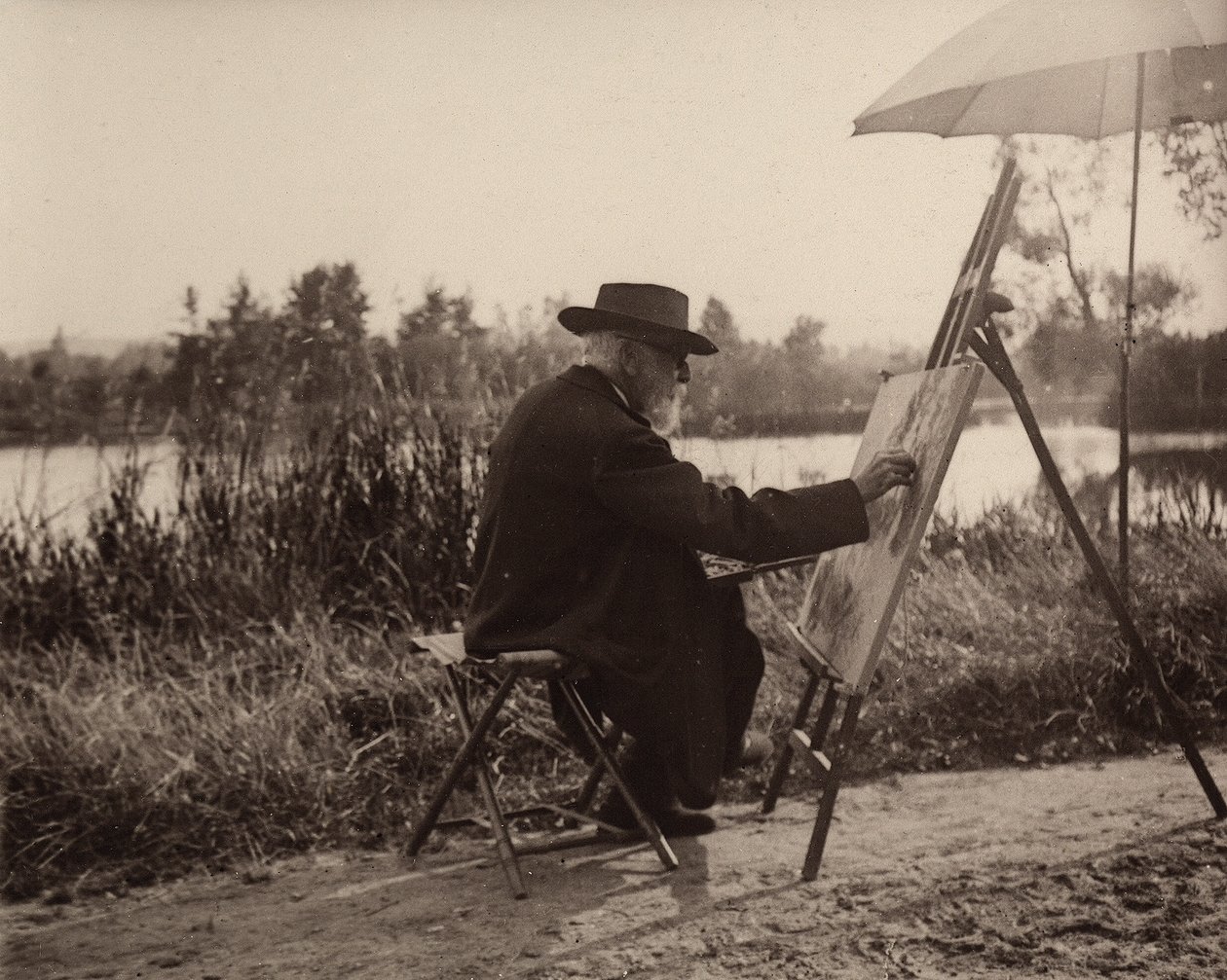 Malíř Lhermitte Léon (1844-1925), při práci na břehu Marny, nedaleko od svého pozemku, asi 1914-1915, Francie od Charles Lhermitte
