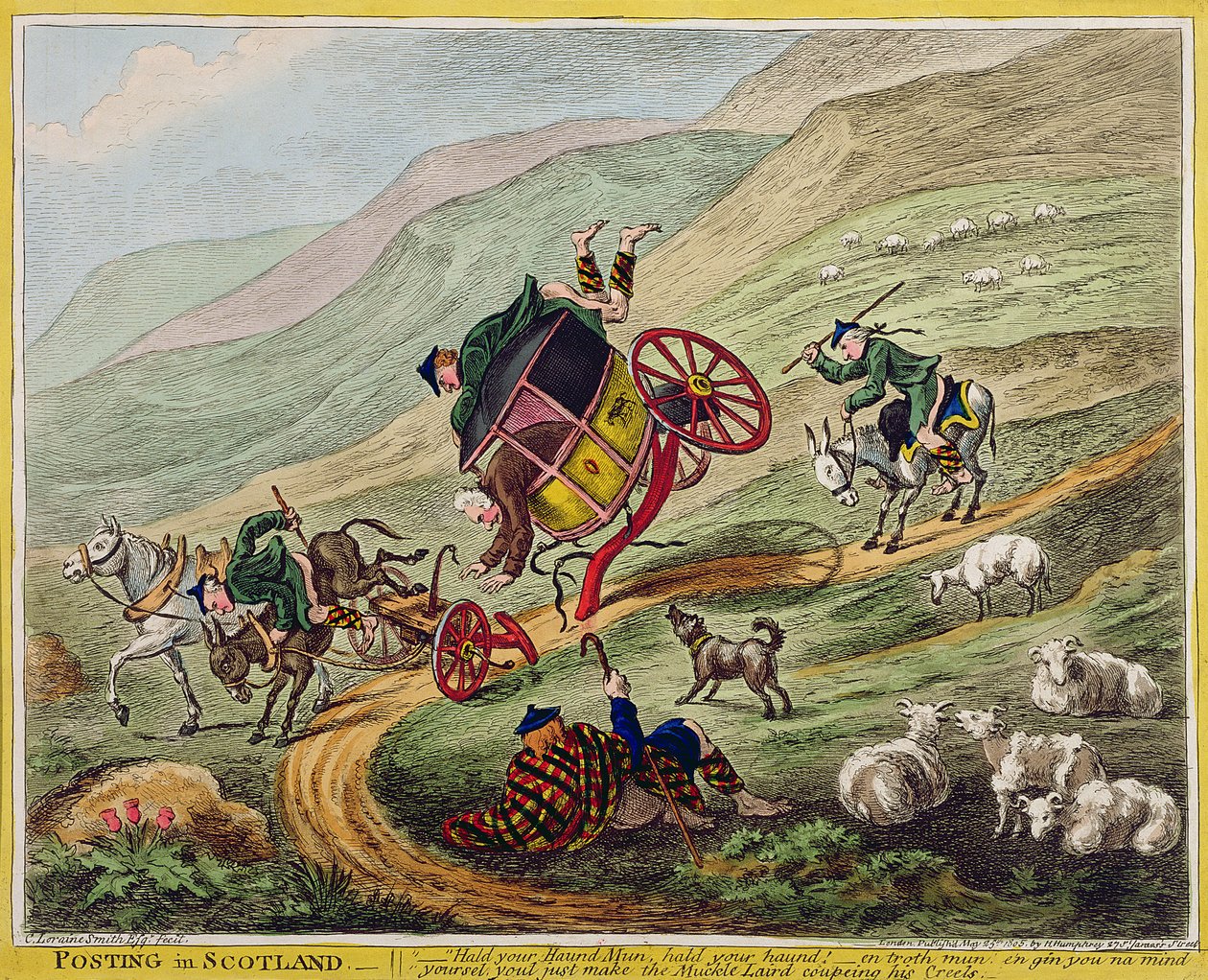 Posting in Scotland, publikoval Hannah Humphrey, 1805 (ručně kolorovaný lept) od Charles Lorraine Smith