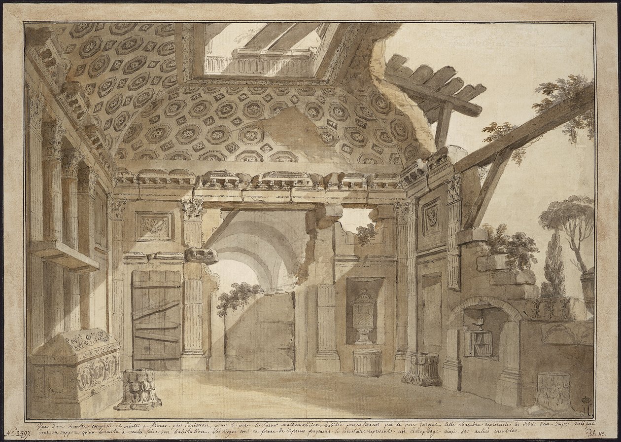 Návrh pro obrazy v cele otce Lesueura v klášteře Santissima Trinita dei Monti v Římě - Charles Louis Clerisseau (1722-1820). Pero, štětec, šedý a hnědý inkoust, bílá barva na papíře, cca 1760. Rozměr : 36,9x53 cm. státní Ermitáž, od Charles Louis Clerisseau