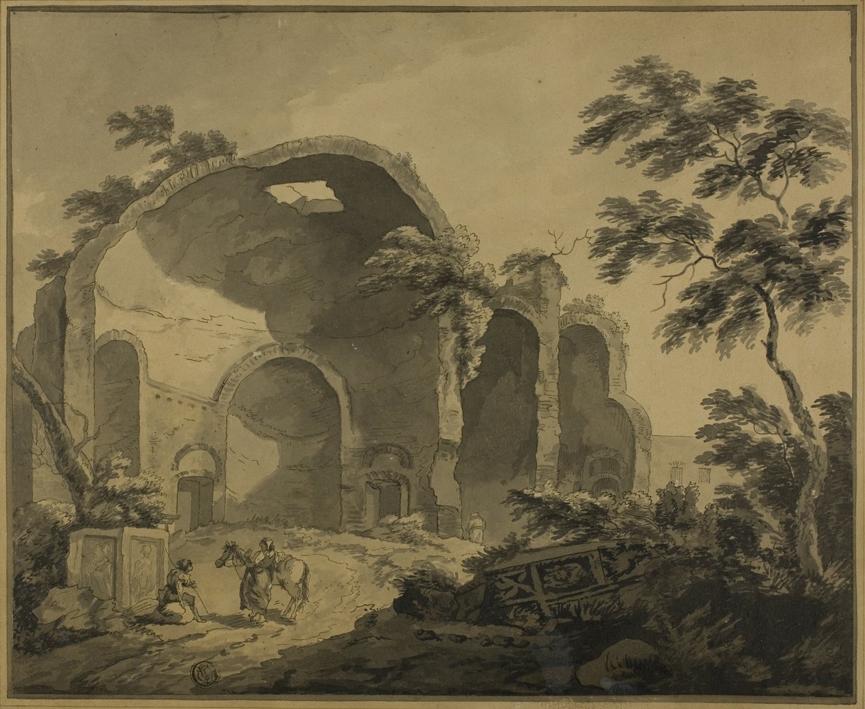 Římské ruiny se dvěma rolníky v popředí v rozhovoru od Charles Louis Clerisseau