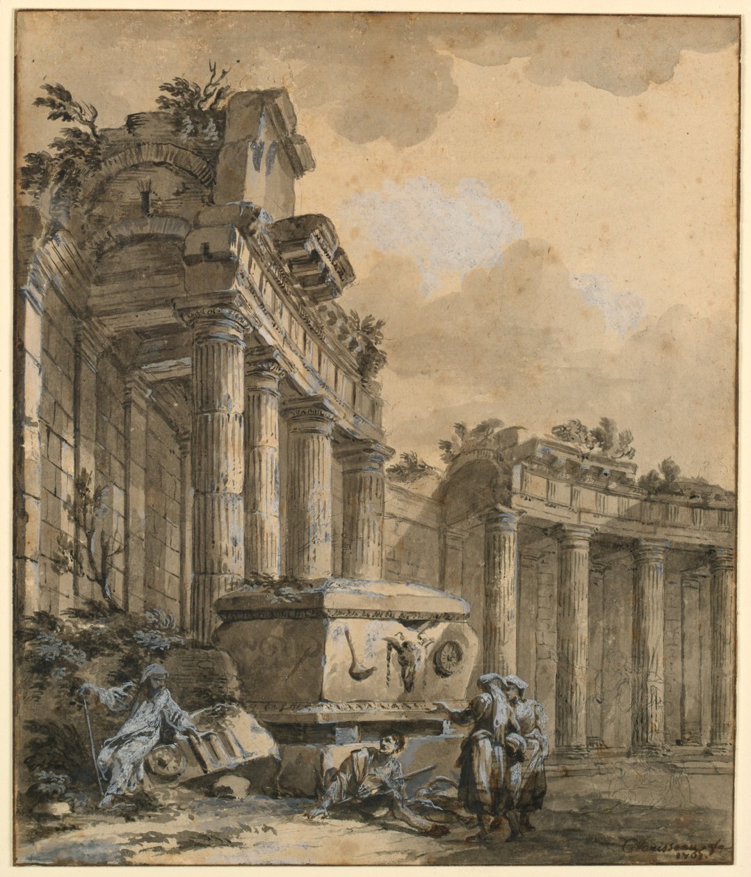 Kresba, Postavy u zničené kolonády, 1761 od Charles Louis Clerisseau