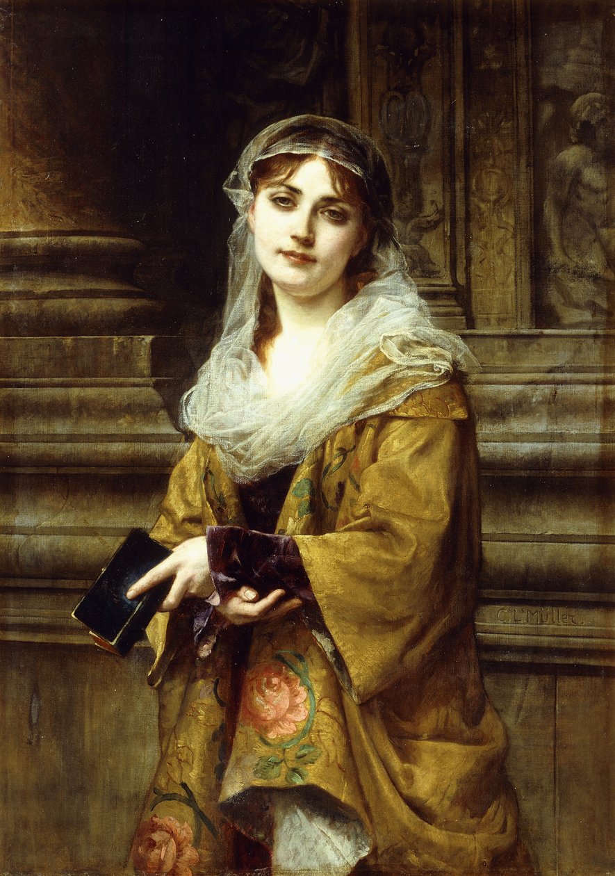 Mladá žena mimo kostel, od Charles Louis Lucien Muller