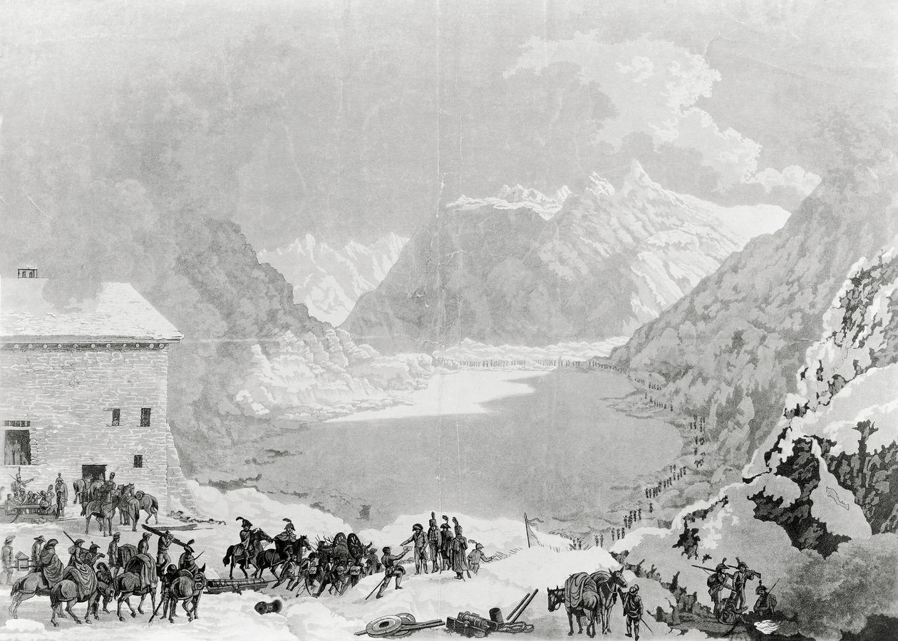 Ensimmäisen konsulin Napoleon Bonaparten (1769-1821) ranskalainen armeija Pyhän Bernardin solan sairaalassa, 20. toukokuuta od Charles Louis Lucien Muller