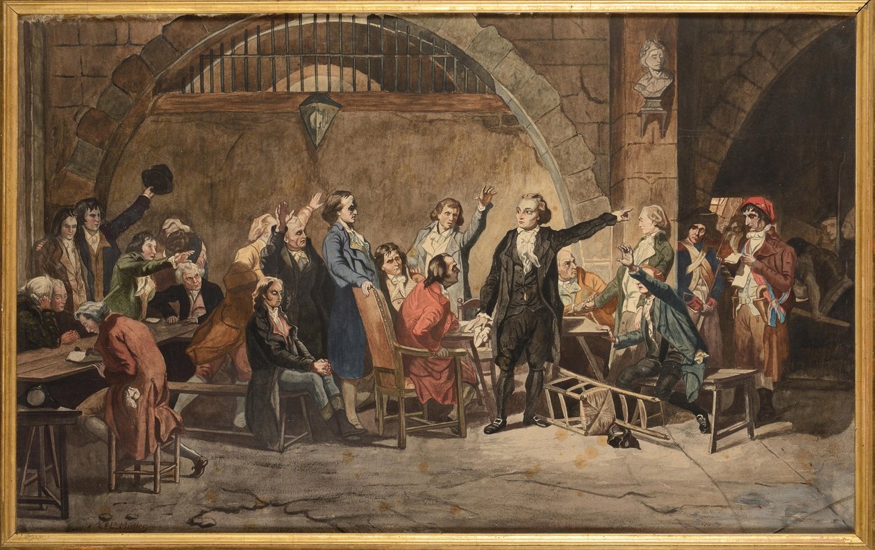 Poslední sbohem Girondinů, 31. října 1793, ve věznici Conciergerie - Poslední sbohem Girondinů, Mueller, Charles Louis (1815-1892). Akvarel na papíře. Soukromá sbírka od Charles Louis Lucien Muller