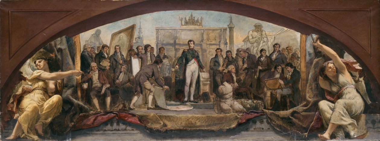 Skica pavilonu Denon v Louvru: Les quatre âges artistiques de la France - Présentation des plans à Napoléon, asi 1864 (olej na plátně) od Charles Louis Lucien Muller