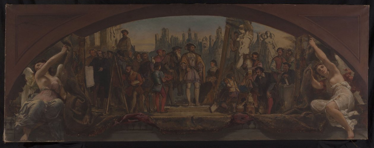 Skica pavilonu Denon v Louvru: Les quatre âges de la vie artistique en France - Prezentace plánů zámku ve Fontainebleau Františku I., kolem roku 1864 (olej na plátně) od Charles Louis Lucien Muller