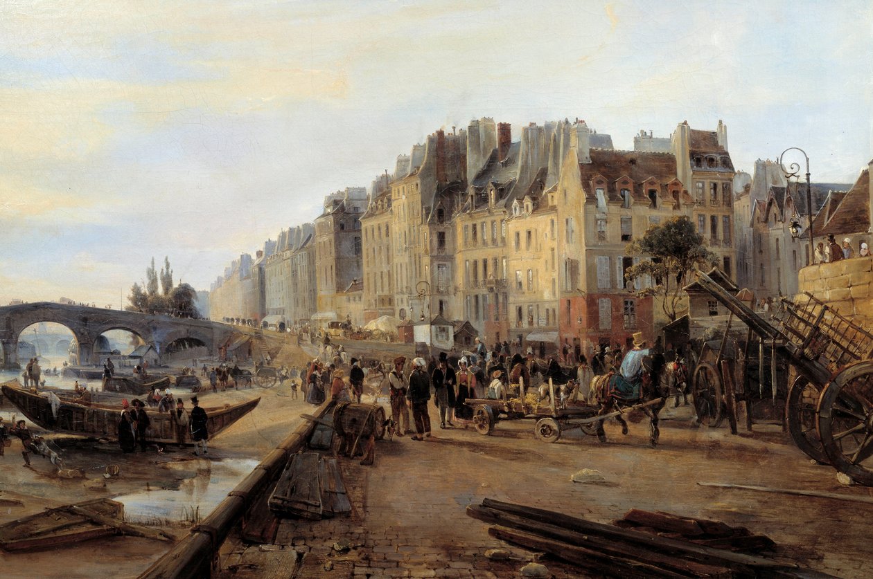 Marie Bridge a Saint Paul Harbour kolem roku 1825. Pohled na Paříž. Detail. Obraz Charles Louis Mozin (1806-1862) od Charles Louis Mozin