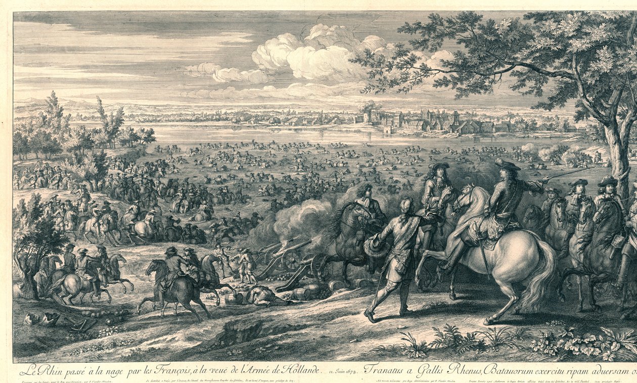 De Franse legers steken bij Lobith de Rijn over, 1672 Rýn plaval Francouzi při pohledu na armádu Holandska (název na předmětu) od Charles Louis Simonneau