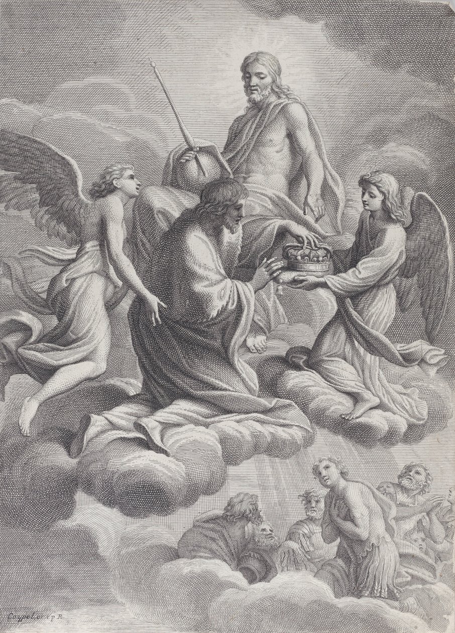Svatý Ludvík Francouzský přijat do nebe Kristem a dvěma anděly, kteří mu nabízejí c..., 1671-80. od Charles Louis Simonneau