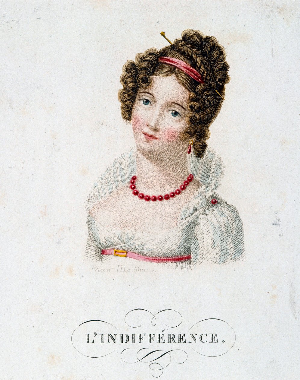 Lhostejnost Mladá žena oblečená do módy First Empire. Litografie Victora Mauduita (1788-?) Paříž 19. století, dekorativní umění od Charles Louis Victor Mauduit