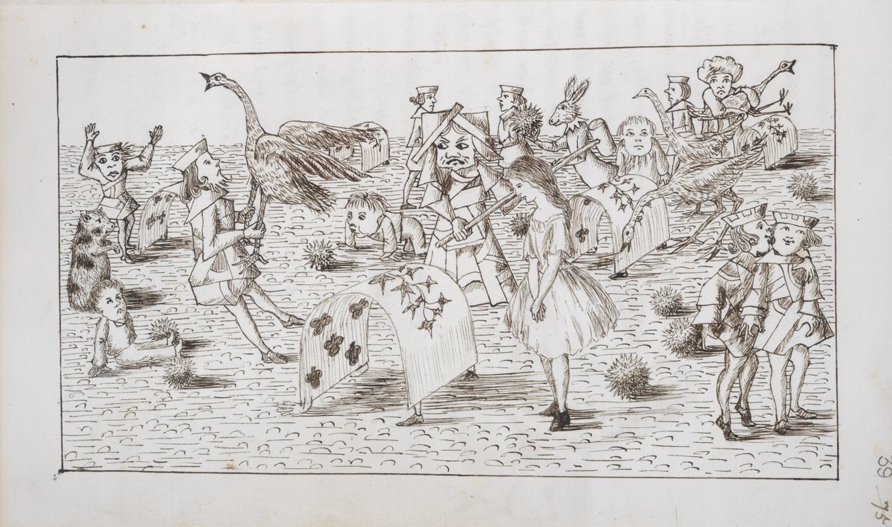 Alice a Červená královna hrají kroket, ilustrace z kapitoly IV „Alenka v říši divů“ (pero a inkoust na papíře) od Charles Lutwidge Dodgson