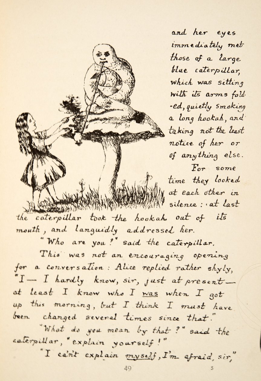 Alenka dostává radu od modré housenky, ilustrace z knihy Alenčina dobrodružství v podzemí, pub. 1886 (faksimile) od Charles Lutwidge Dodgson