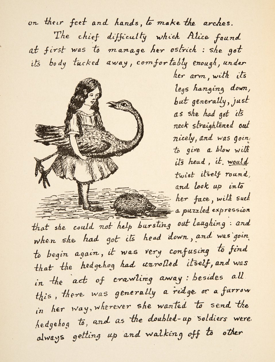 Alenka drží pštrosa, ilustrace z knihy Alenčina dobrodružství v podzemí, nakl. 1886 (faksimile) od Charles Lutwidge Dodgson