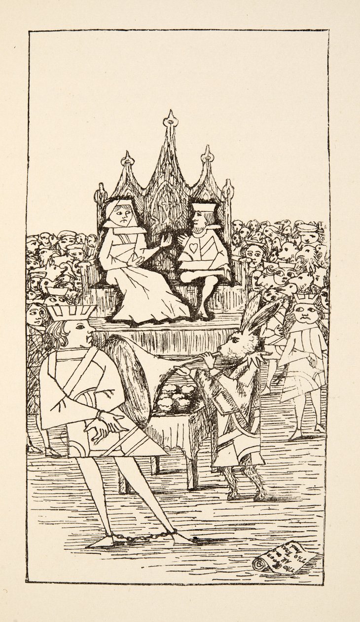 Trial of the Knave of Hearts, ilustrace z Alices Adventures Under Ground, hospoda. 1886 (faksimile) od Charles Lutwidge Dodgson