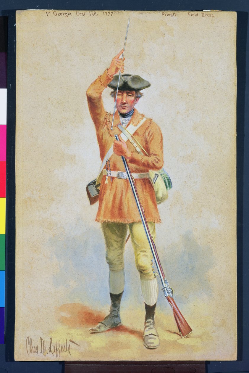 Uniformy americké revoluce: 1777 soukromé polní šaty z 1. georgijské kontinentální pěchoty (kvaš a wc na papíře) od Charles MacKubin Lefferts