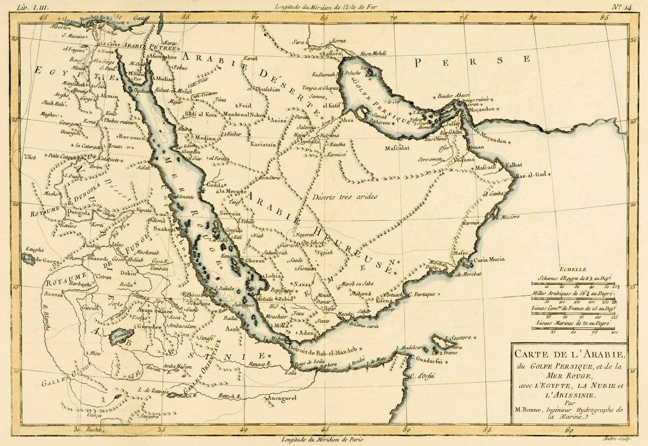 Arábie, Perský záliv a Rudé moře s Egyptem, Núbií a Habešem, z "Atlas de Toutes les Parties Connues du Globe Terrestre" Guillauma Raynala (1713-96), Ženeva, 1780 (kolorováno). od Charles Marie Rigobert Bonne