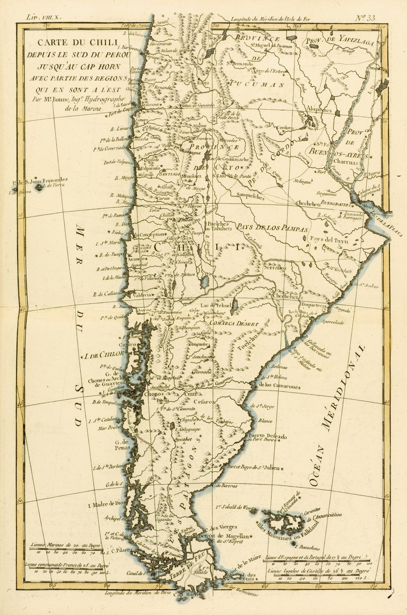 Chile, od jihu Peru k mysu Horn, z „Atlas de Toutes les parties Connues du Globe Terrestre“ od Guillauma Raynala (1713-96), publikováno v Ženevě, 1780 od Charles Marie Rigobert Bonne