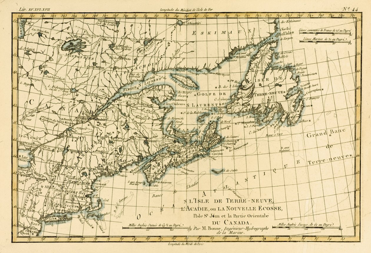 Východní Kanada, Newfoundland, Nova Scotia a St John Island, z Atlasu všech známých částí zeměkoule od Guillaume Raynal (1713-96), publikoval J L Pellet, Ženeva, 1780 (kolorováno od Charles Marie Rigobert Bonne