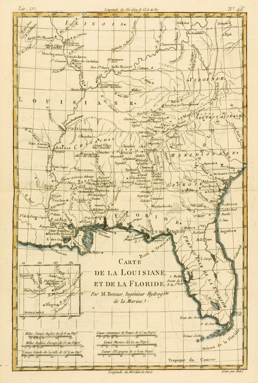 Louisiana a Florida, z ‚Atlasu všech známých částí zemského světa‘ od Guillauma Raynala (1713-96), vydáno JL Pellet, Ženeva, 1780 od Charles Marie Rigobert Bonne