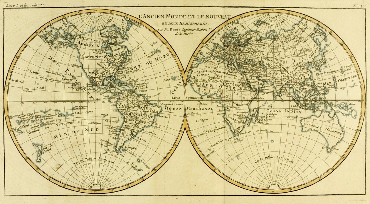 Mapa světa na dvou polokoulích z „Atlas de Toutes les parties Connues du Globe Terrestre“ od Guillauma Raynala (1713-96), publikováno v Ženevě, 1780 od Charles Marie Rigobert Bonne