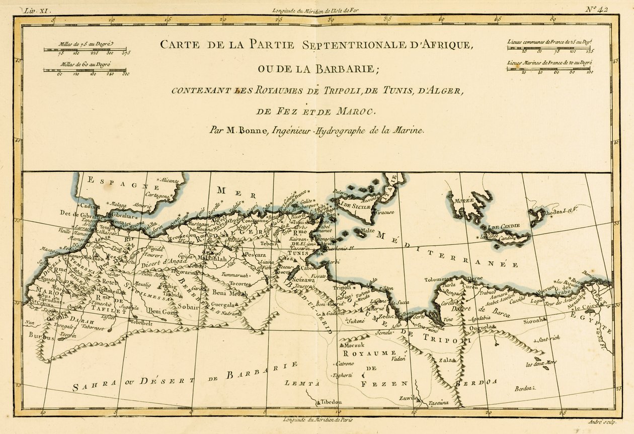Severní Afrika, včetně království Tripolis, Tunis, Alžír; Fez a Maroko, z Atlasu všech známých částí zeměkoule od Guillauma Raynala (1713-96), publikováno v Ženevě, 1780 (barevně od Charles Marie Rigobert Bonne