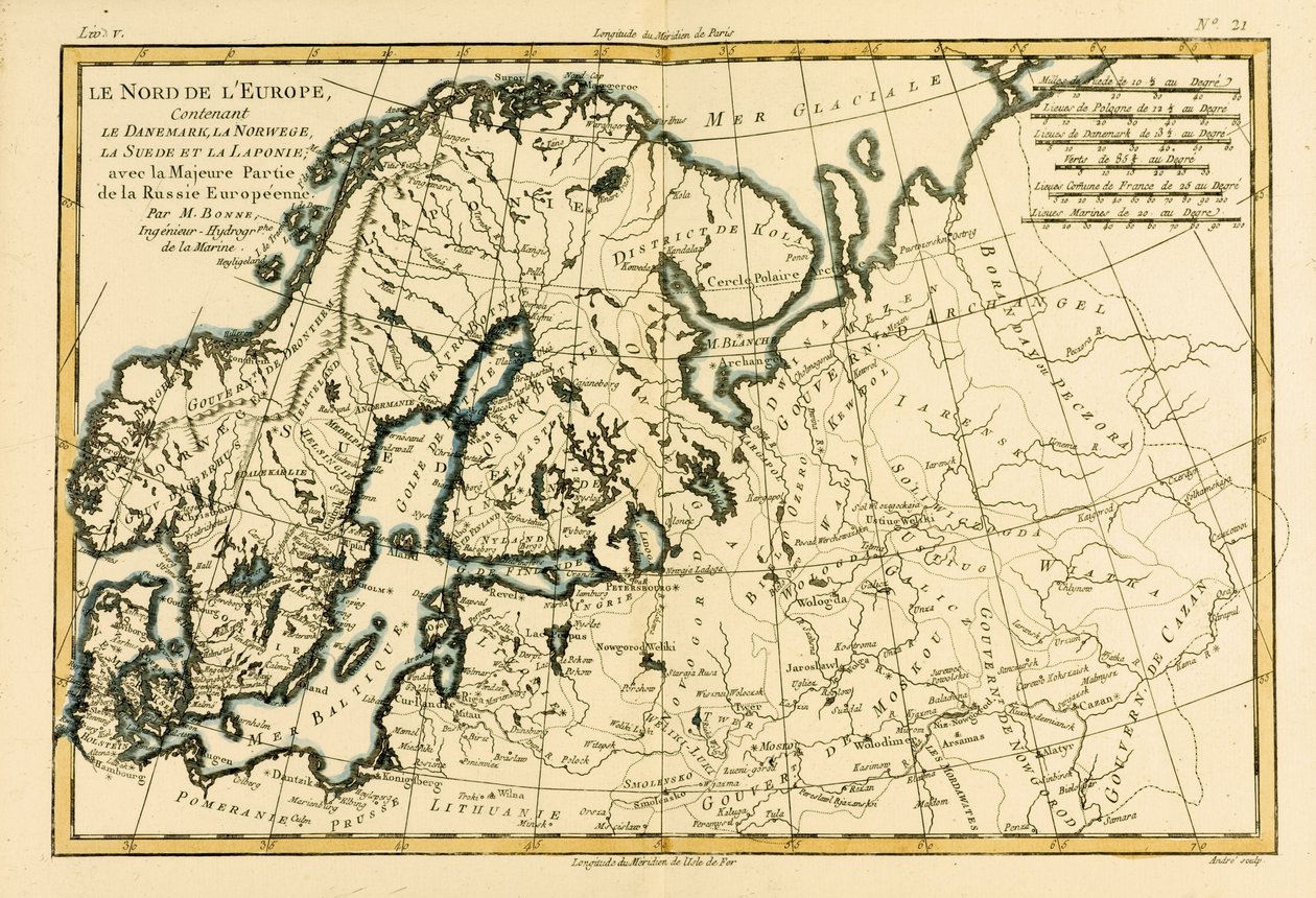 Severní Evropa, včetně Dánska, Norska, Švédska a Laponska, s většinou západního Ruska, z Atlas de Toutes les parties Connues du Globe Terrestre od Guillaume Raynal (1713-96) publikoval Ženeva, od Charles Marie Rigobert Bonne