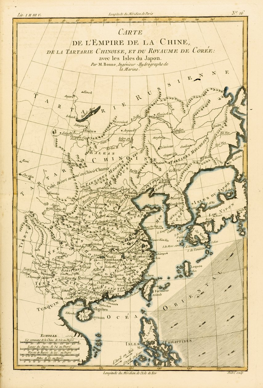 Čínská říše, Čínská Tartárie a Korejské království s Japonskými ostrovy, z Atlas de Toutes les parties Connues du Globe Terrestre od Guillaume Raynal (1713-96), vydáno 1780 (barva od Charles Marie Rigobert Bonne