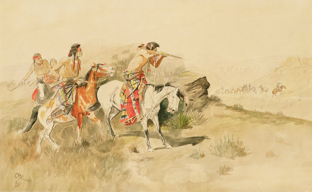 Attack on the Muleteers, cca 1895 (tužka a wc na papíře) od Charles Marion Russell