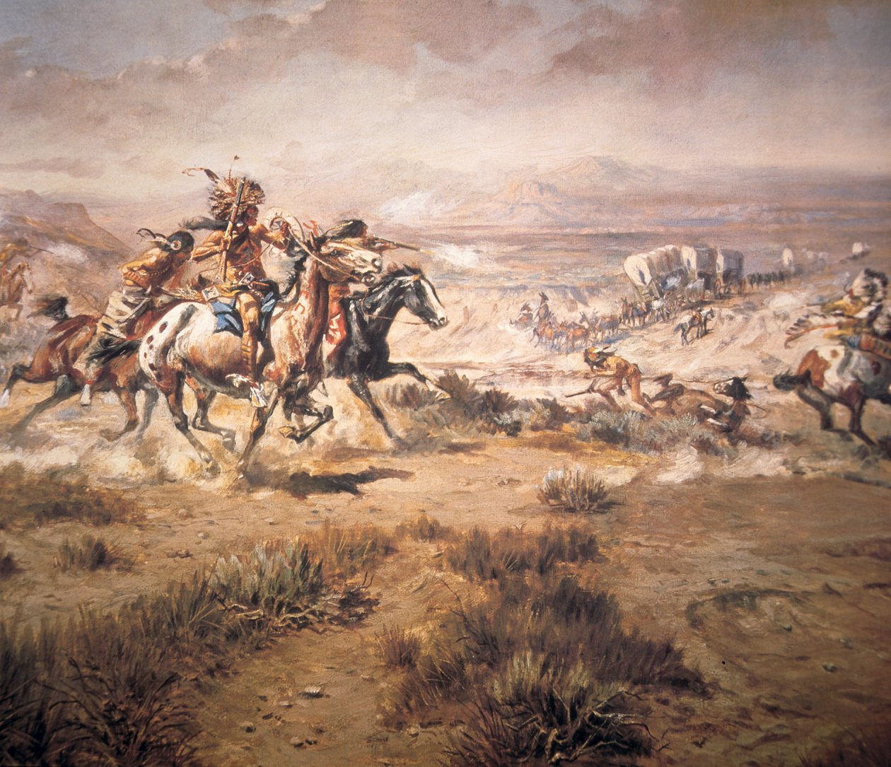 Útok na Vagónový vlak od Charles Marion Russell