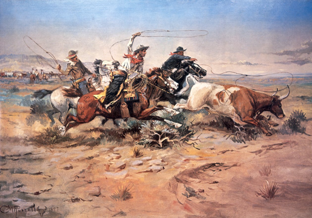 Kovbojové slaňování vola od Charles Marion Russell