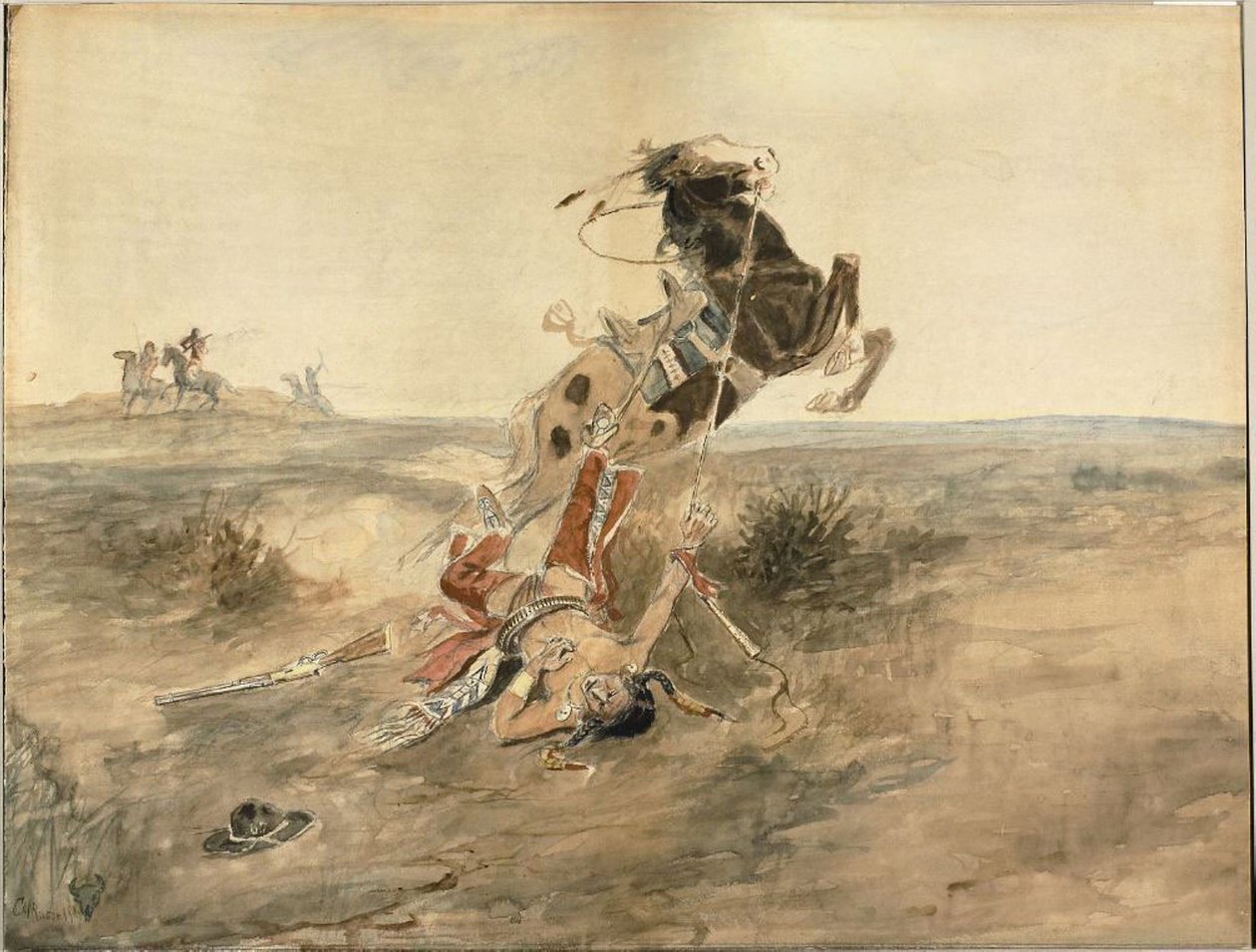 Padlý indiánský bojovník, asi 1886 (akvarel a grafit na krémovém vliesovém papíře) od Charles Marion Russell