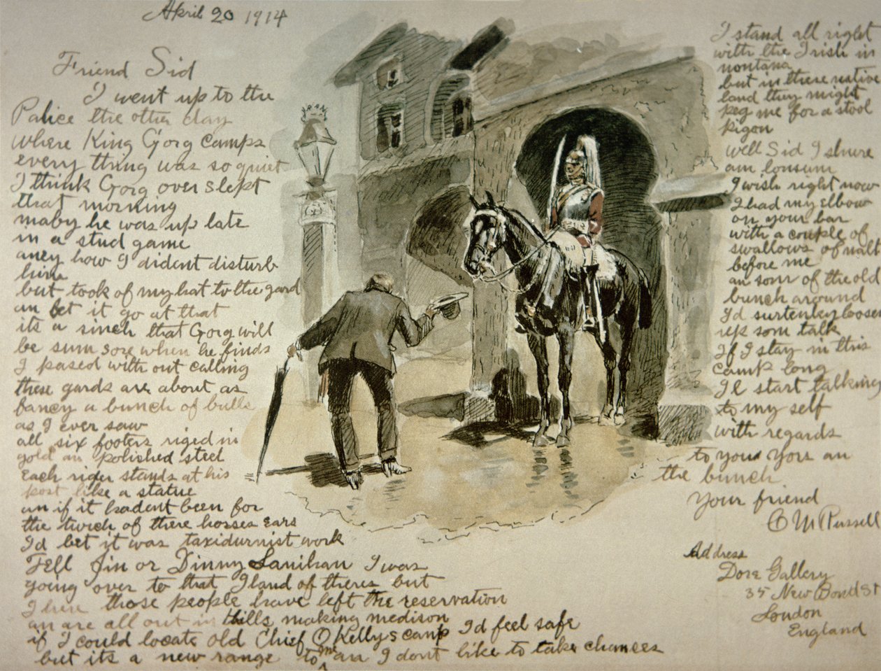 Ilustrovaný dopis, 20. dubna 1914 (pero a inkoust a pero na papíře) od Charles Marion Russell