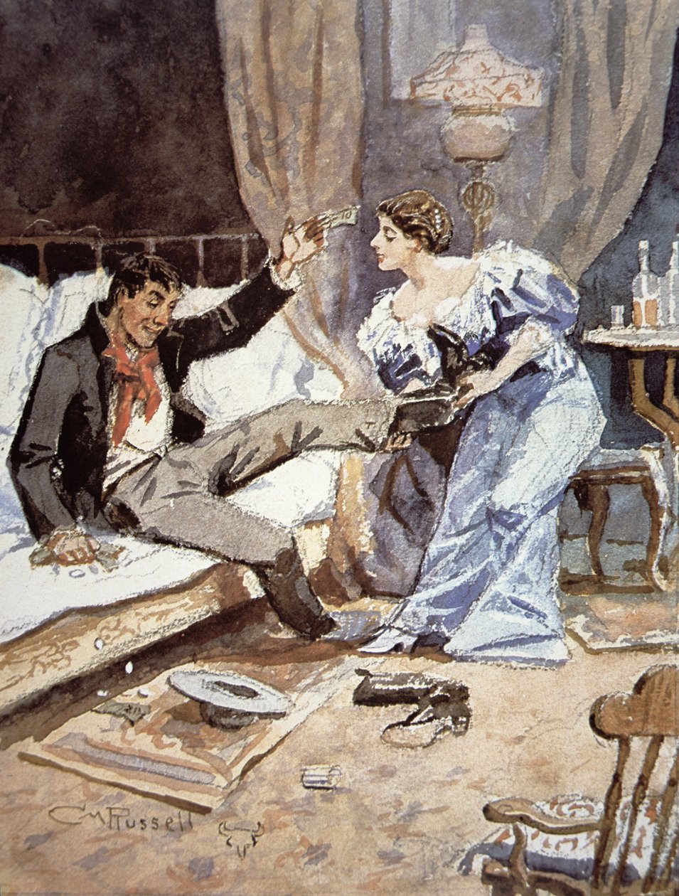 Saloon dívka s opilým kovbojem, kolem roku 1898 (akvarel na papíře) od Charles Marion Russell