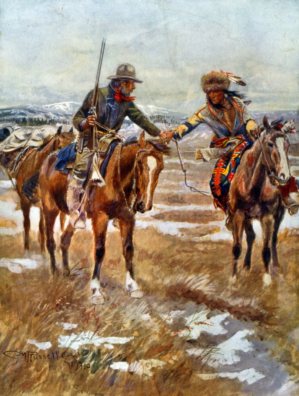 Setkání amerických a indiánských mužů, kteří si potřásají rukama na koních od Charles Marion Russell