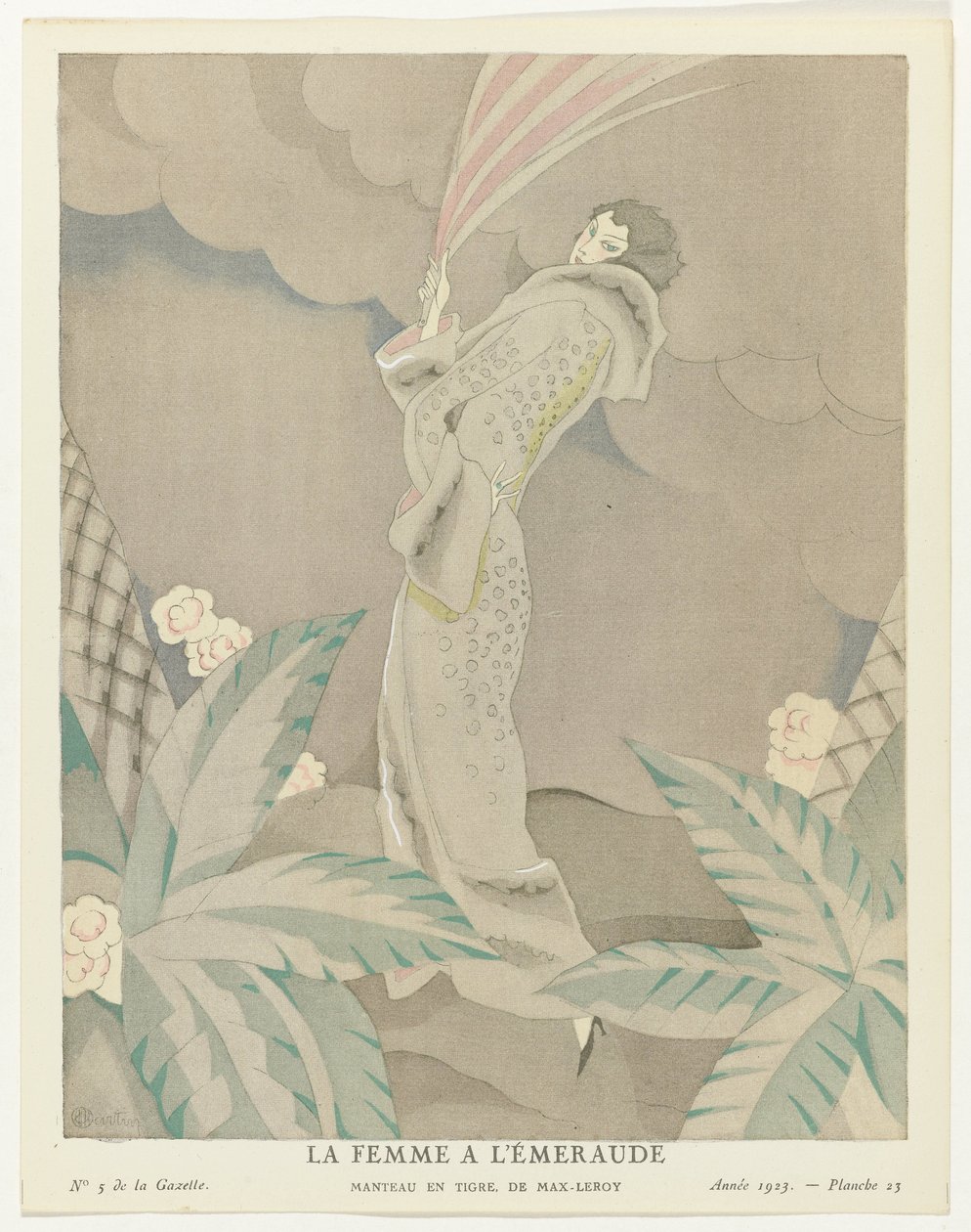 Gazette du Bon Ton 1923, č. 5, Pl. 23: Smaragdová žena - Tygří kabát, Max-Leroy (název na objektu) od Charles Martin
