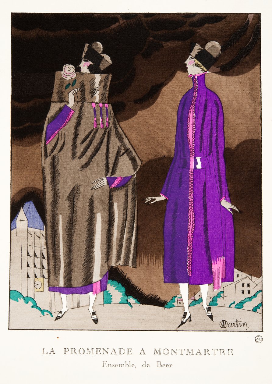 La Promenade a Montmartre, z kolekce módních talířů, 1920 (pochoir print) od Charles Martin