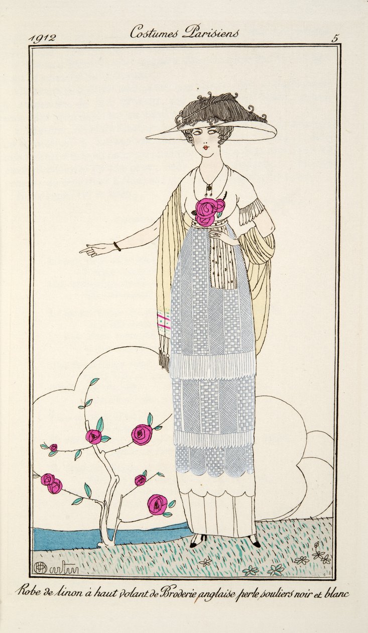 Lněné šaty s vysokým volánem z perlových černobílých bot Broderie anglaise, Plate 5, Costumes Parisiens publikované v Journal des Dames et des Modes, 1912 (ručně kolorovaná rytina) od Charles Martin