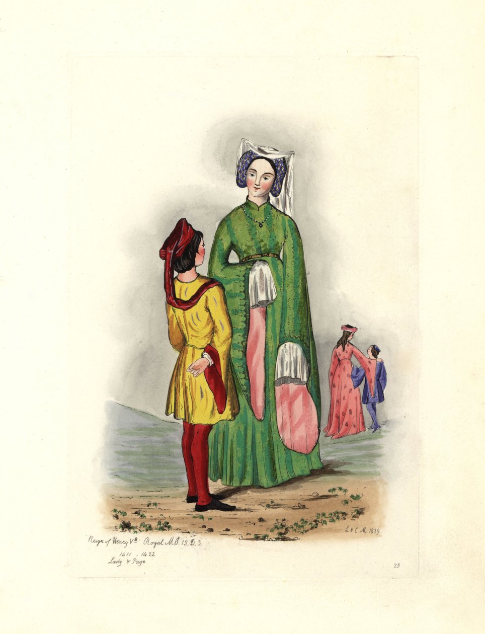 Typický ženský kostým v době Jindřicha V., ilustrace z 